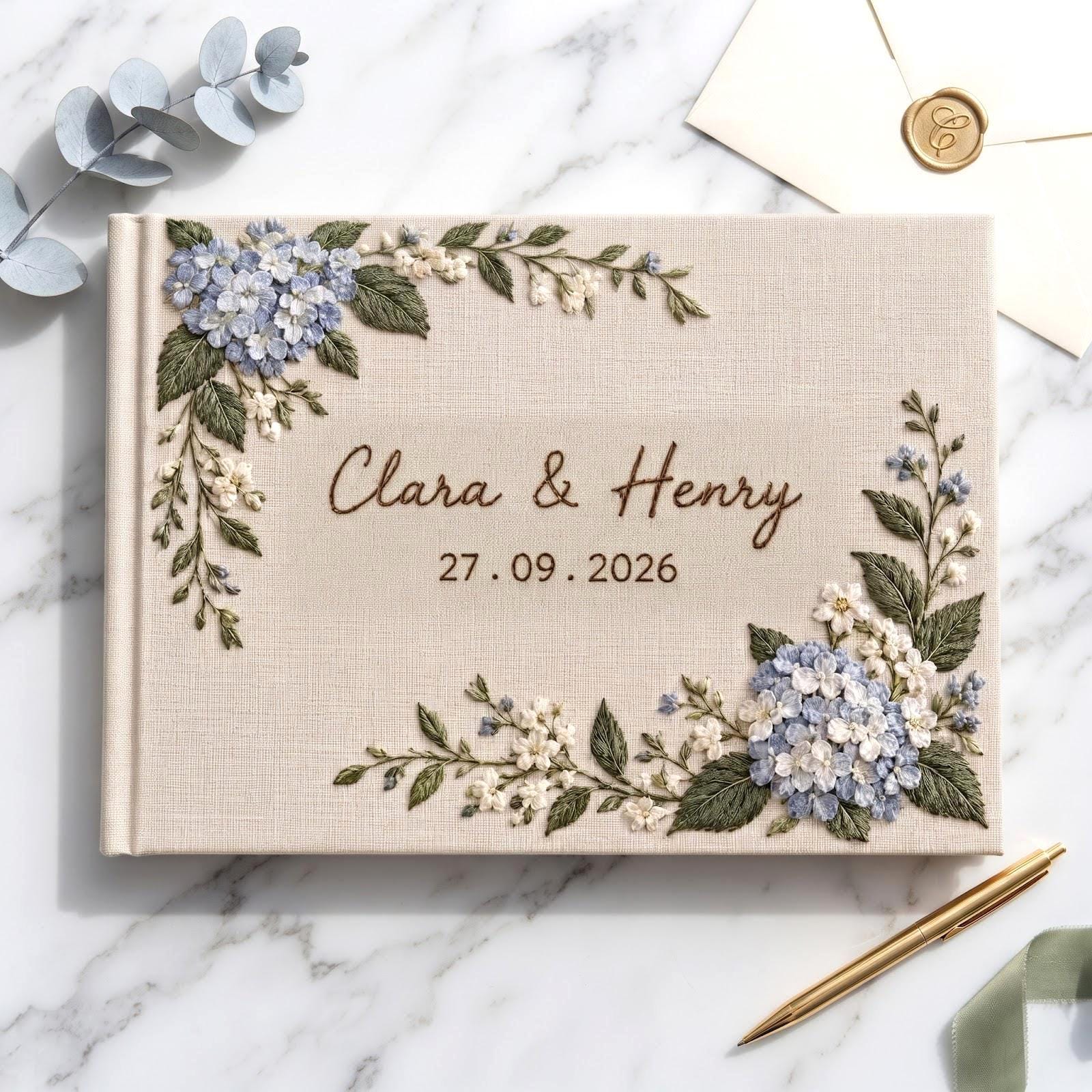 Personalized Embroidered Guest Book with Blue Hydrangea Floral Guestbook, Custom Couple Names and Date for Elegant Wedding Keepsake