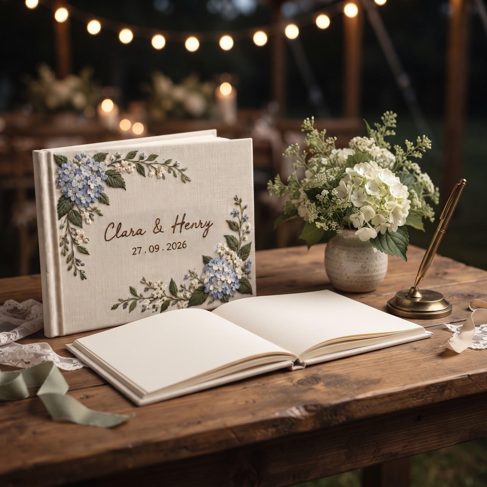 Personalized Embroidered Guest Book with Blue Hydrangea Floral Guestbook, Custom Couple Names and Date for Elegant Wedding Keepsake - photo 2