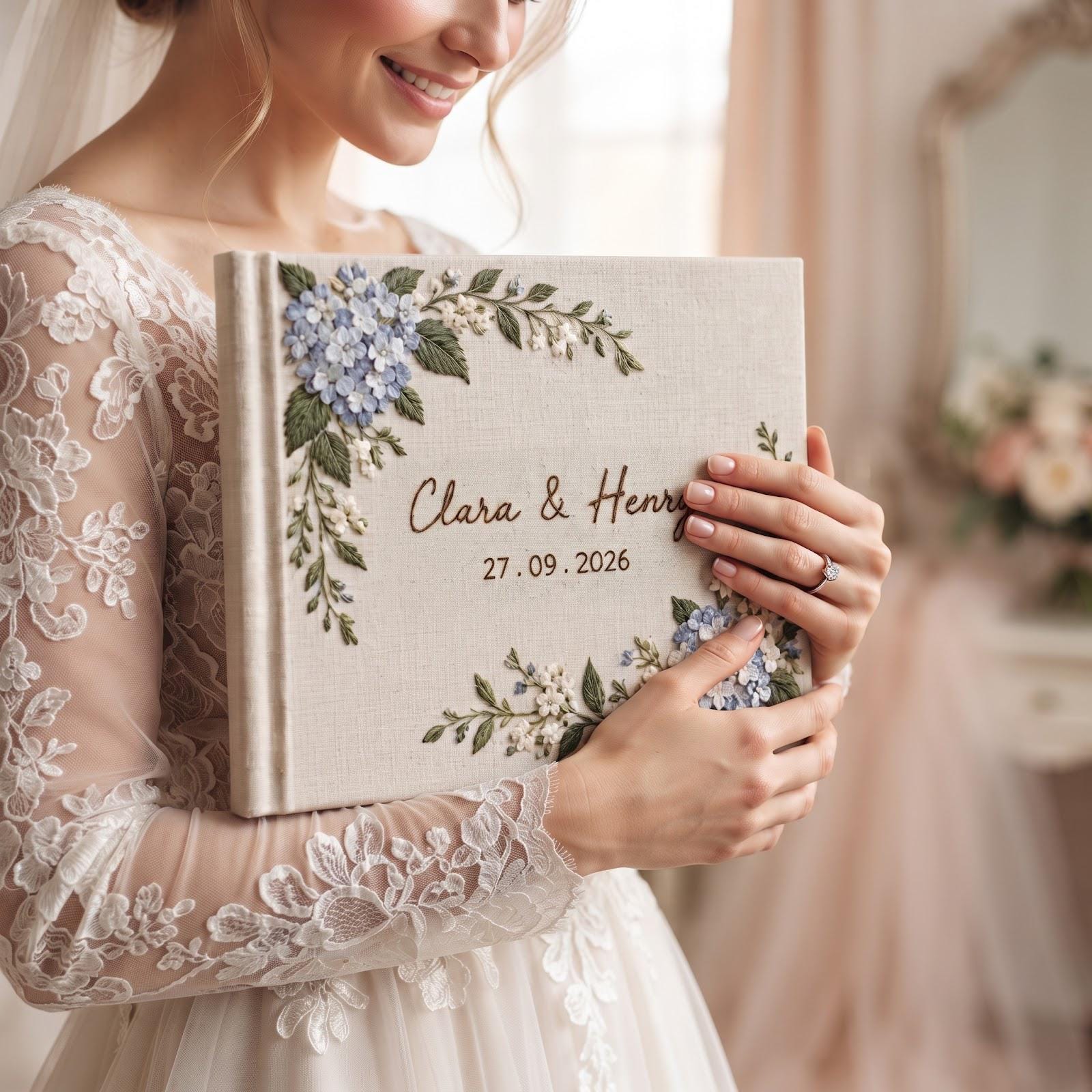 Personalized Embroidered Guest Book with Blue Hydrangea Floral Guestbook, Custom Couple Names and Date for Elegant Wedding Keepsake - photo 7