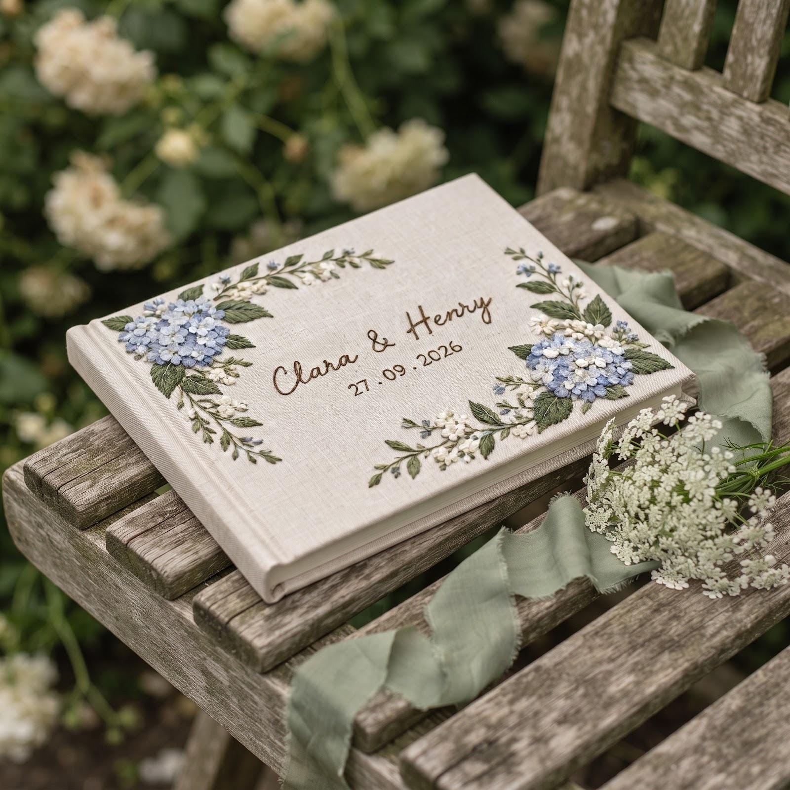 Personalized Embroidered Guest Book with Blue Hydrangea Floral Guestbook, Custom Couple Names and Date for Elegant Wedding Keepsake - photo 8