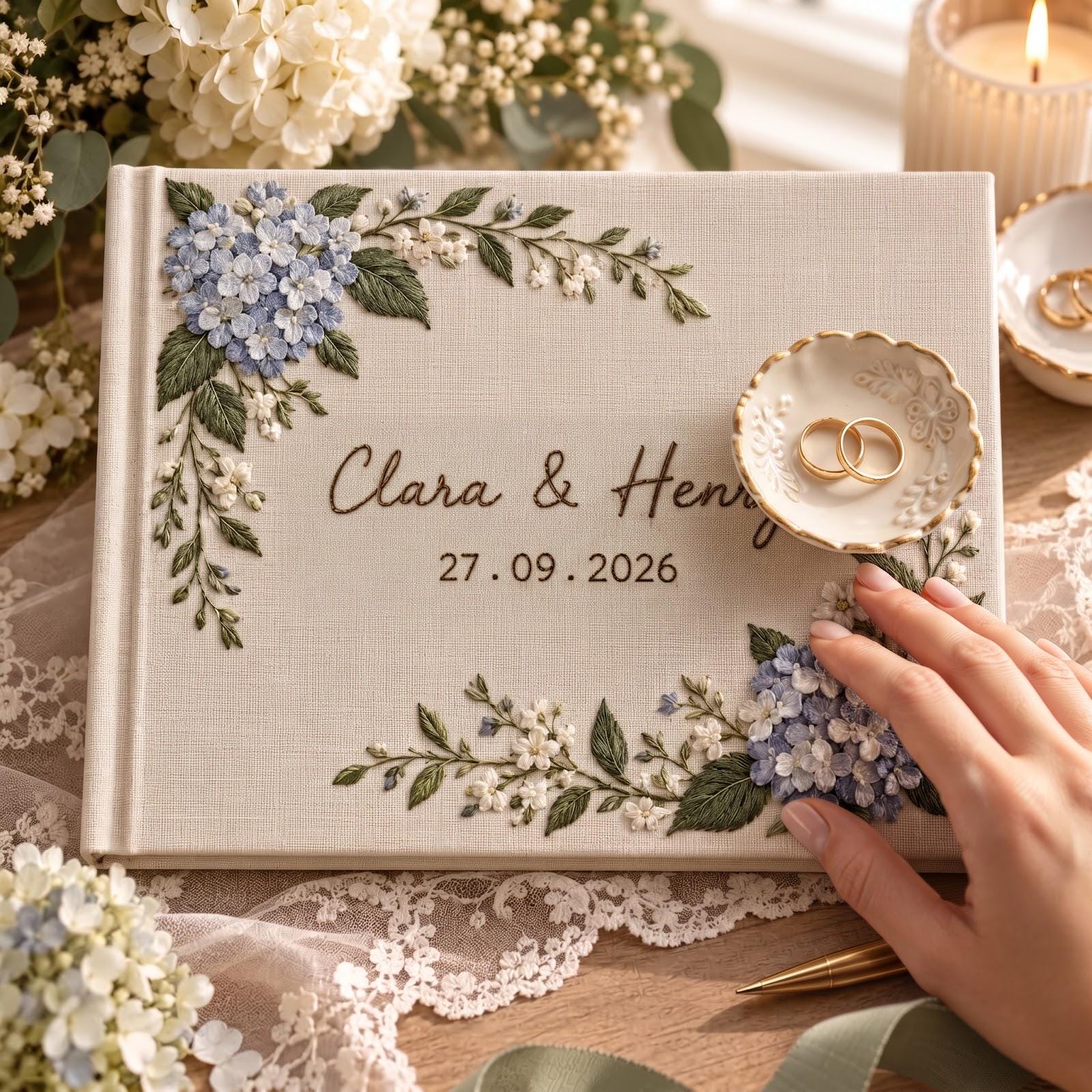 Personalized Embroidered Guest Book with Blue Hydrangea Floral Guestbook, Custom Couple Names and Date for Elegant Wedding Keepsake - photo 9