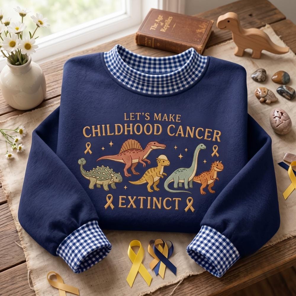Embroidered Sweatshirt with Gold Ribbon Awareness Crewneck for Childhood Cancer, Dinosaur Support Shirt with Make Childhood Cancer Extinct Gift
