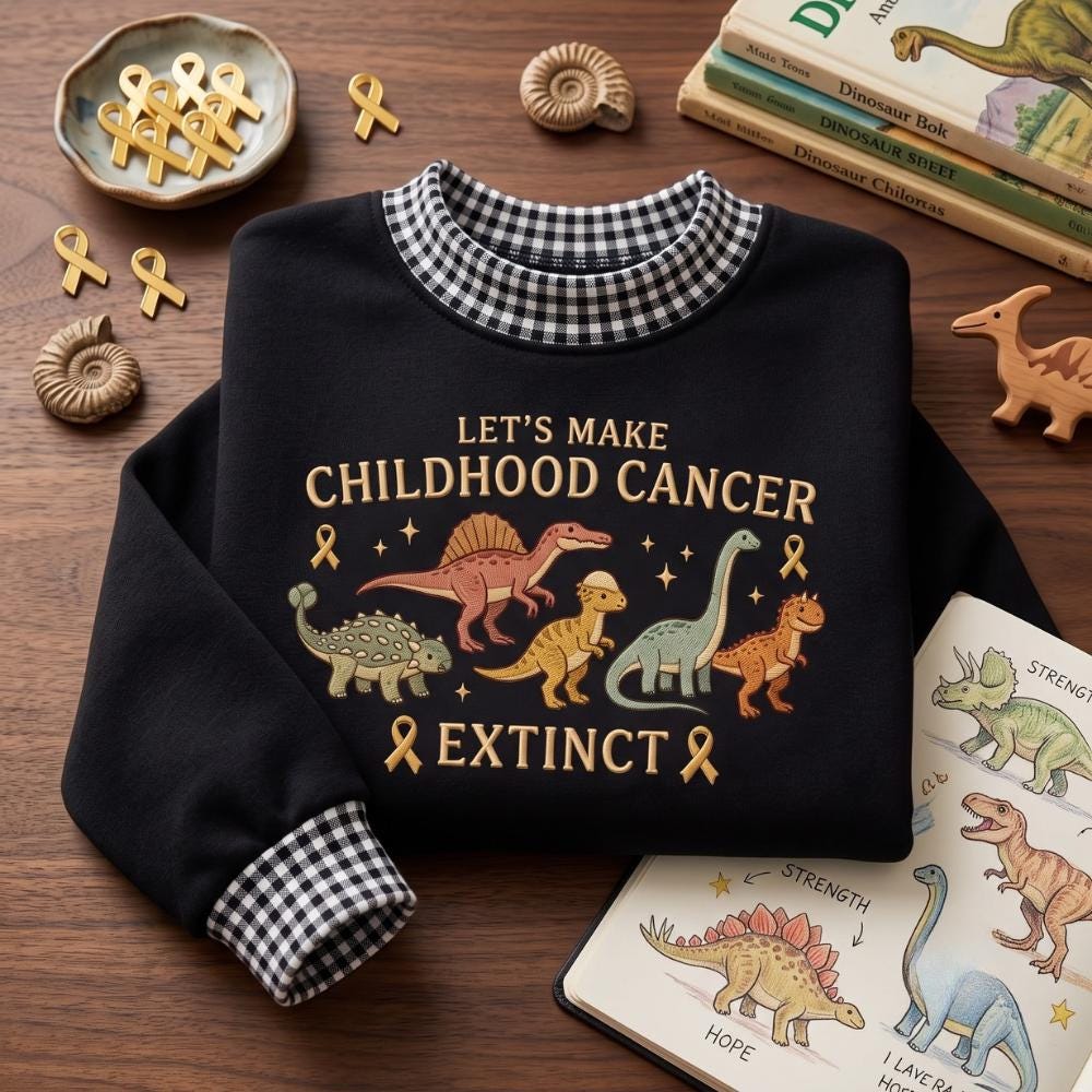 Embroidered Sweatshirt with Gold Ribbon Awareness Crewneck for Childhood Cancer, Dinosaur Support Shirt with Make Childhood Cancer Extinct Gift - photo 2