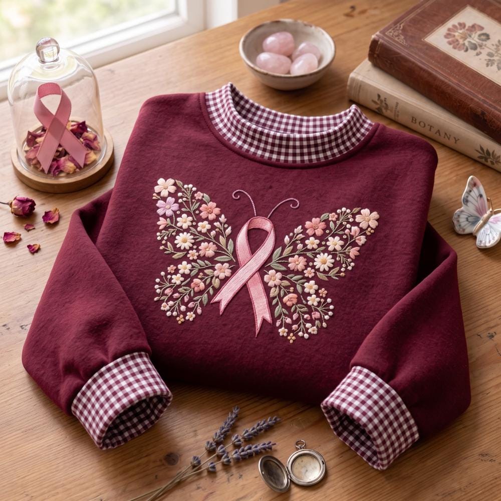 Embroidered Sweatshirt with Pink Ribbon Butterfly Crewneck for Breast Cancer Awareness, Floral Support Shirt for Survivor Gift, Women