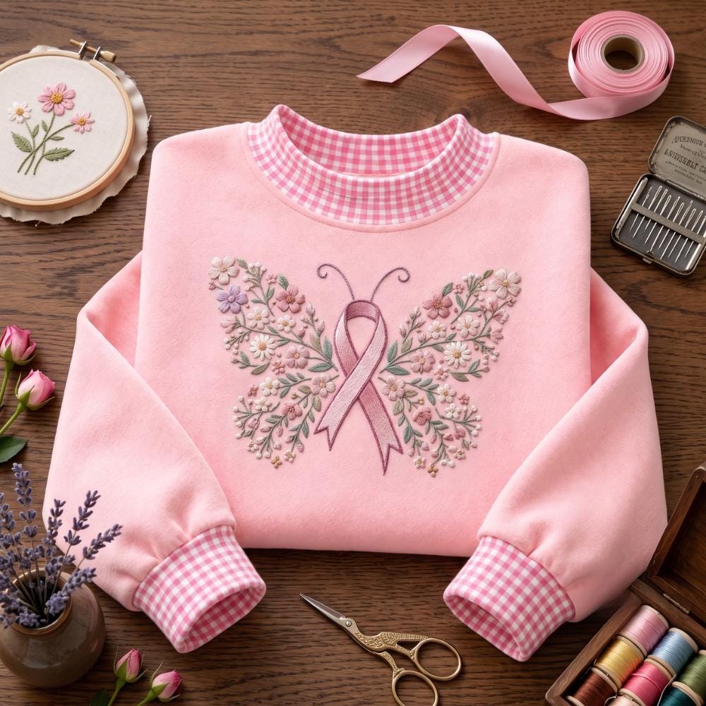 Embroidered Sweatshirt with Pink Ribbon Butterfly Crewneck for Breast Cancer Awareness, Floral Support Shirt for Survivor Gift, Women - photo 2