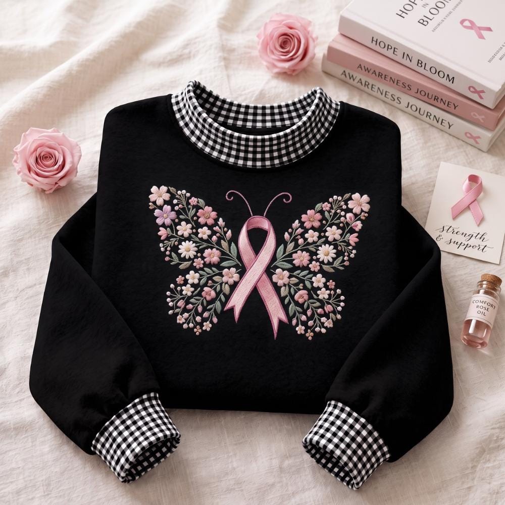 Embroidered Sweatshirt with Pink Ribbon Butterfly Crewneck for Breast Cancer Awareness, Floral Support Shirt for Survivor Gift, Women - photo 3