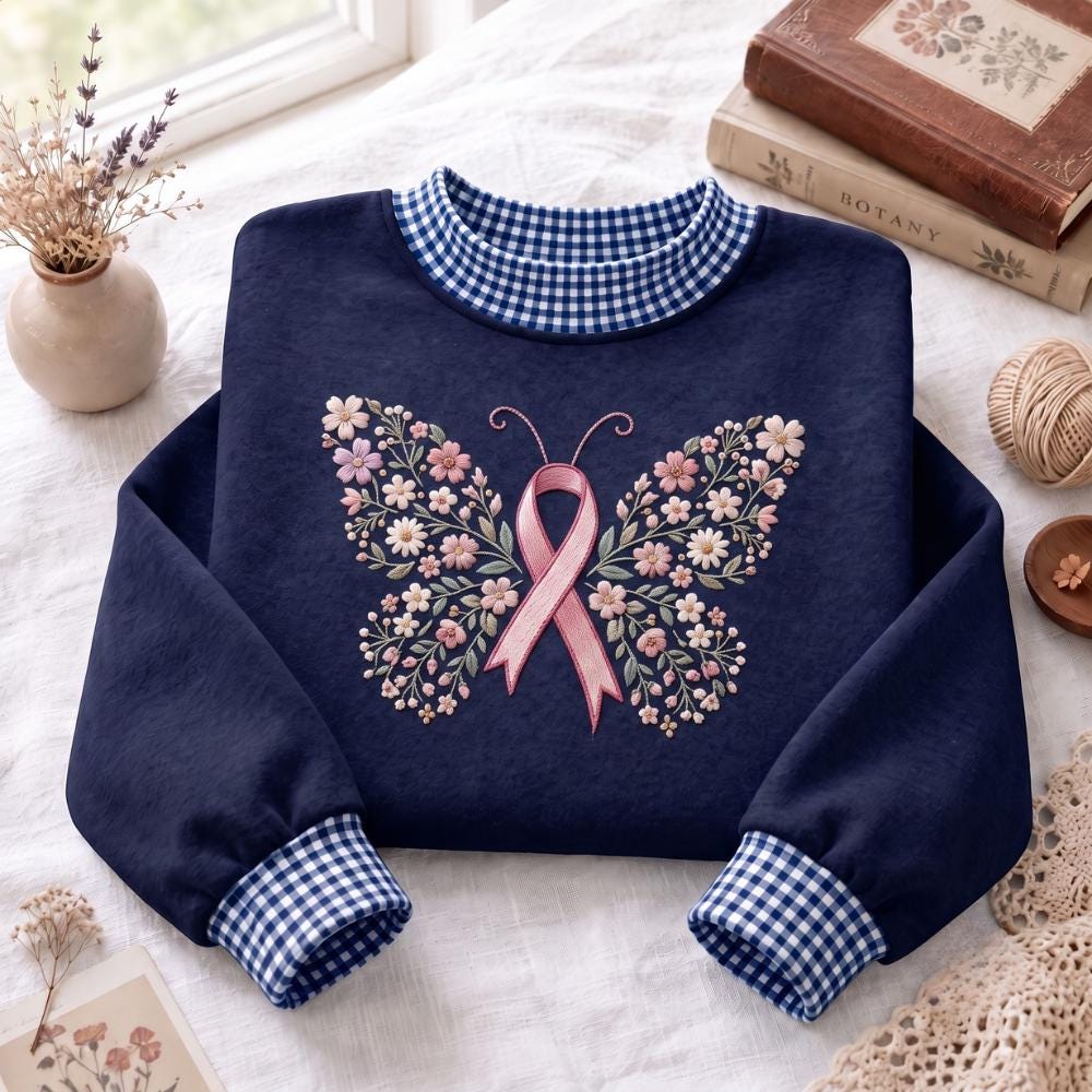 Embroidered Sweatshirt with Pink Ribbon Butterfly Crewneck for Breast Cancer Awareness, Floral Support Shirt for Survivor Gift, Women - photo 4