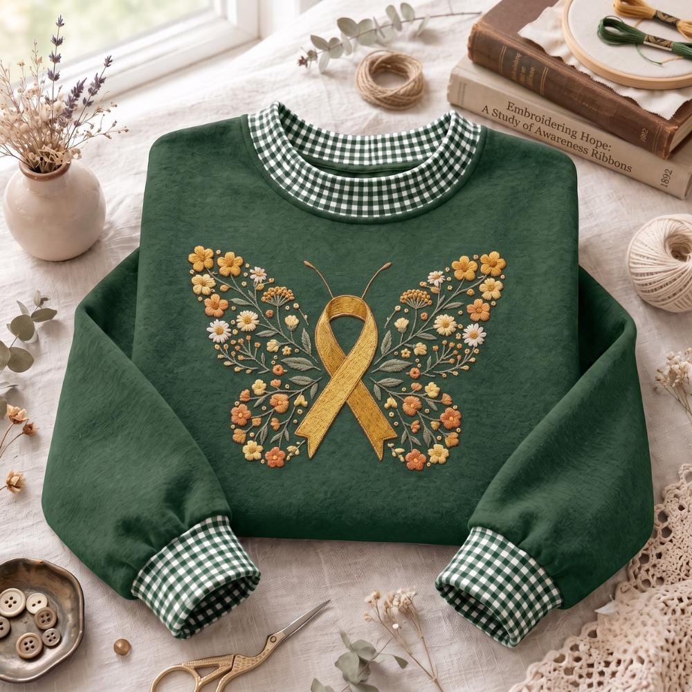 Embroidered Sweatshirt with Gold Ribbon Butterfly Crewneck for Childhood Cancer Awareness, Floral Support Shirt for Warrior Family Gift