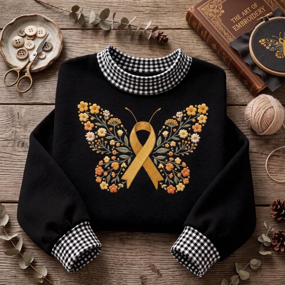 Embroidered Sweatshirt with Gold Ribbon Butterfly Crewneck for Childhood Cancer Awareness, Floral Support Shirt for Warrior Family Gift - photo 2