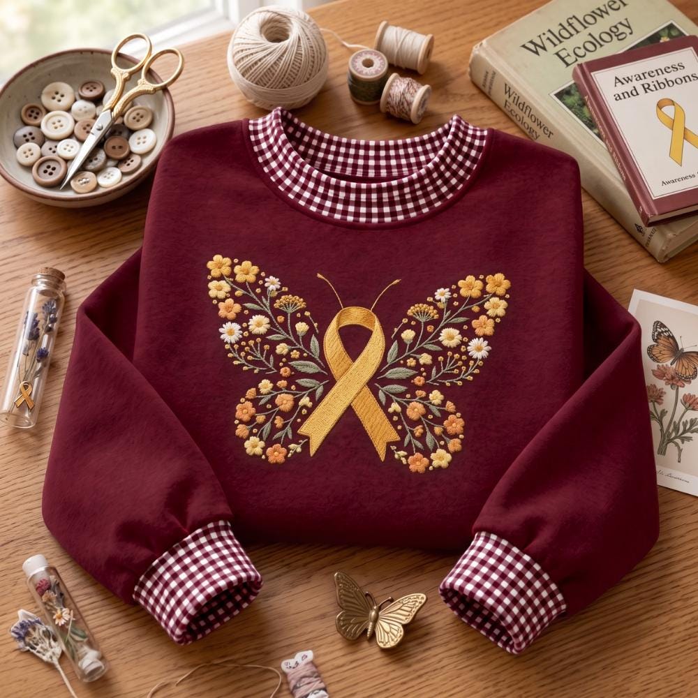 Embroidered Sweatshirt with Gold Ribbon Butterfly Crewneck for Childhood Cancer Awareness, Floral Support Shirt for Warrior Family Gift - photo 6