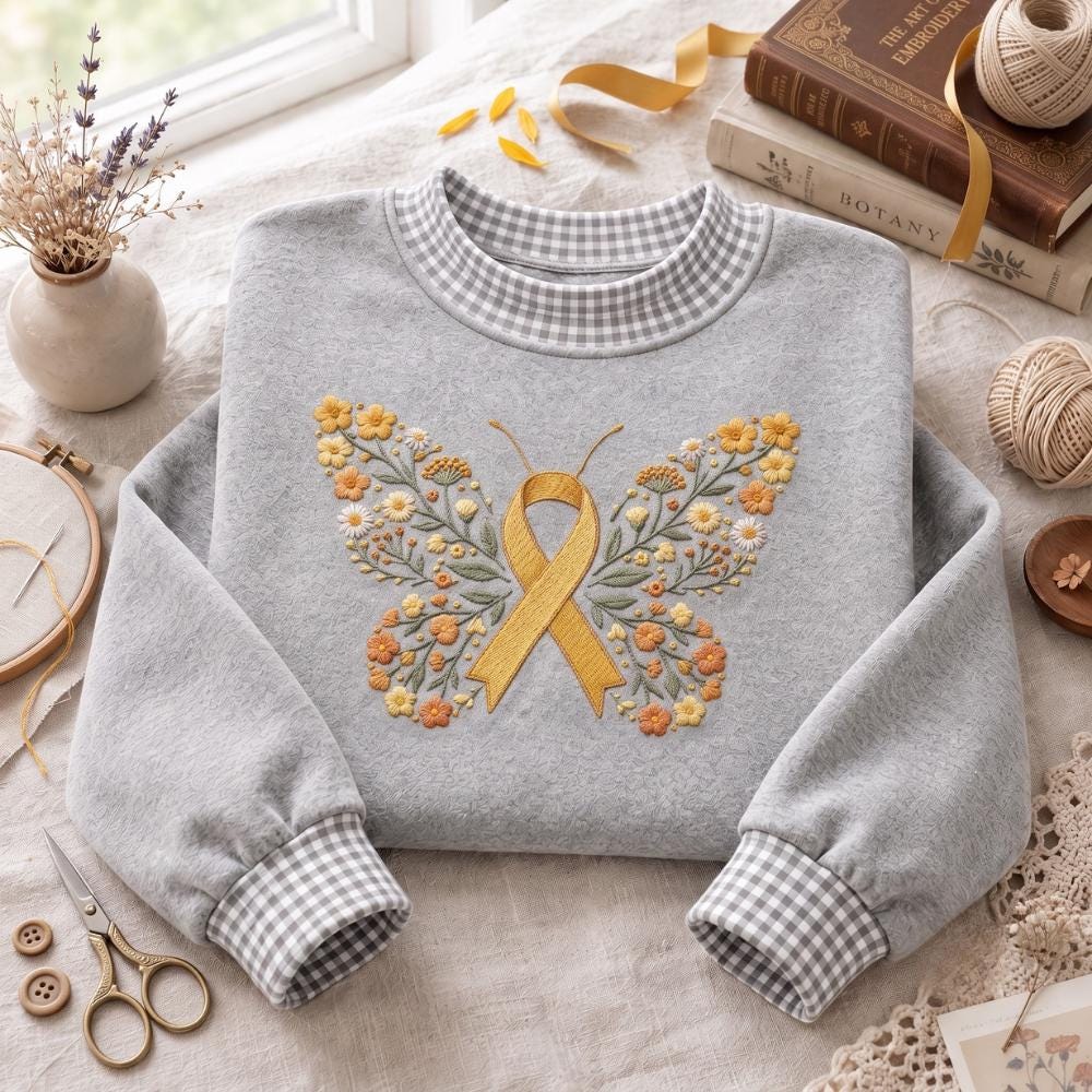 Embroidered Sweatshirt with Gold Ribbon Butterfly Crewneck for Childhood Cancer Awareness, Floral Support Shirt for Warrior Family Gift - photo 7