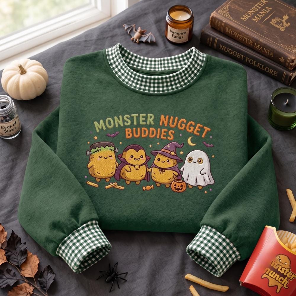 Embroidered Sweatshirt with Monster Nugget Buddies and Cute Halloween Food Crewneck, Spooky Nugget Costume Shirt for Funny Halloween Gift