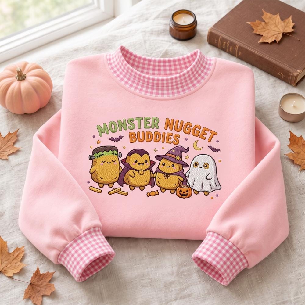 Embroidered Sweatshirt with Monster Nugget Buddies and Cute Halloween Food Crewneck, Spooky Nugget Costume Shirt for Funny Halloween Gift - photo 2