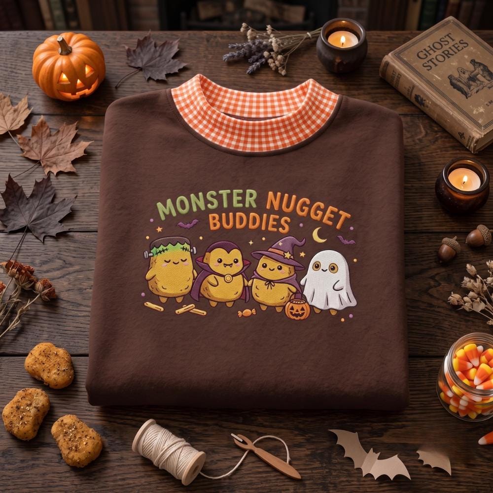 Embroidered Sweatshirt with Monster Nugget Buddies and Cute Halloween Food Crewneck, Spooky Nugget Costume Shirt for Funny Halloween Gift - photo 3