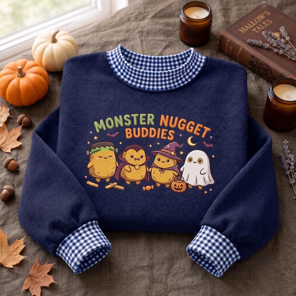 Embroidered Sweatshirt with Monster Nugget Buddies and Cute Halloween Food Crewneck, Spooky Nugget Costume Shirt for Funny Halloween Gift - photo 4