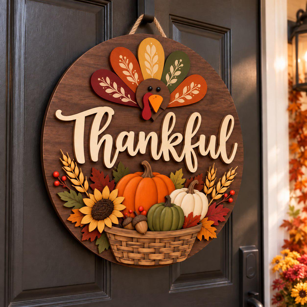 Personalized Thanksgiving Door Hanger with Wooden Turkey Sign for Fall Porch Decor and Autumn Front Door Wreath Housewarming Gift