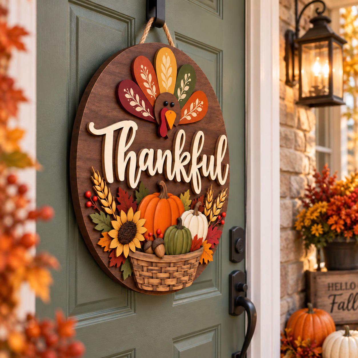 Personalized Thanksgiving Door Hanger with Wooden Turkey Sign for Fall Porch Decor and Autumn Front Door Wreath Housewarming Gift - photo 2