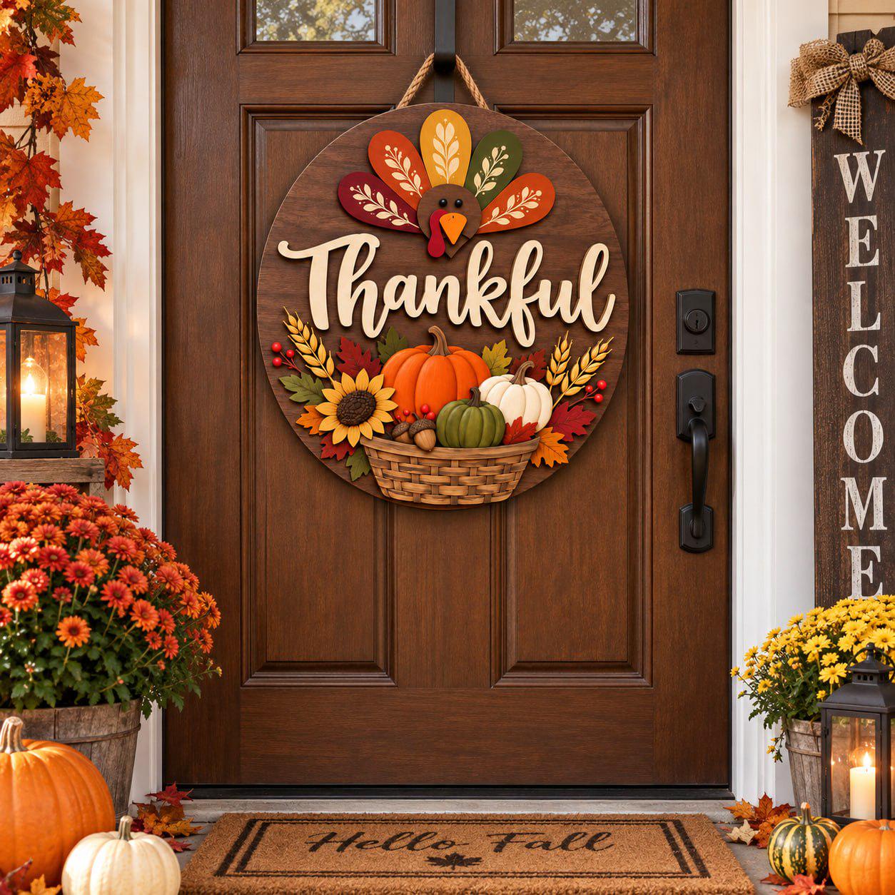 Personalized Thanksgiving Door Hanger with Wooden Turkey Sign for Fall Porch Decor and Autumn Front Door Wreath Housewarming Gift - photo 3