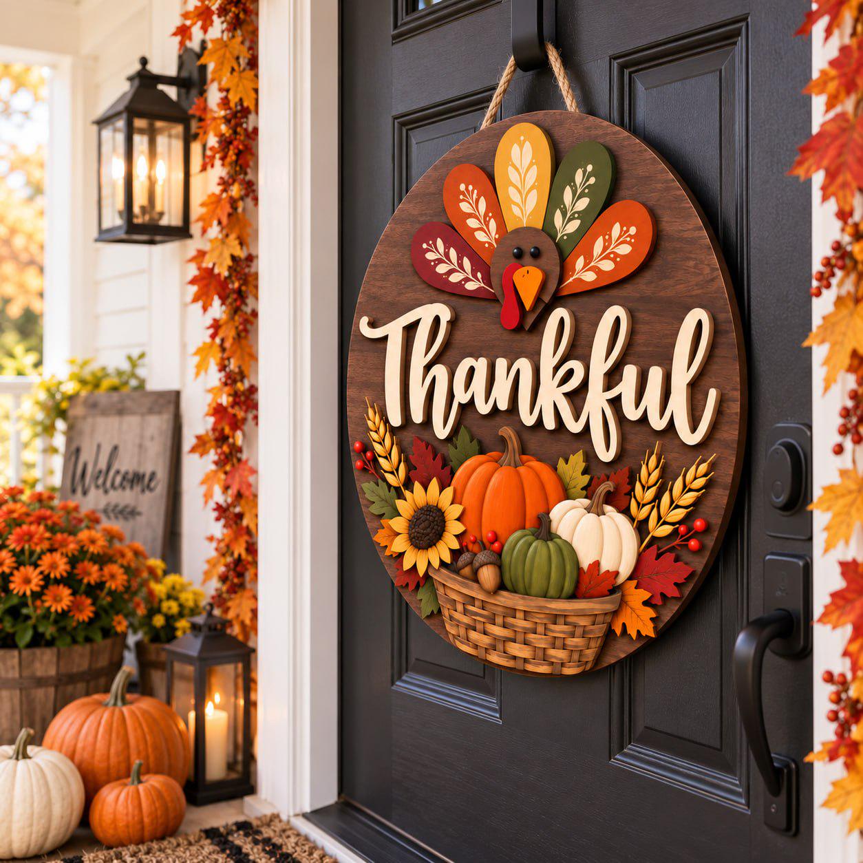 Personalized Thanksgiving Door Hanger with Wooden Turkey Sign for Fall Porch Decor and Autumn Front Door Wreath Housewarming Gift - photo 4