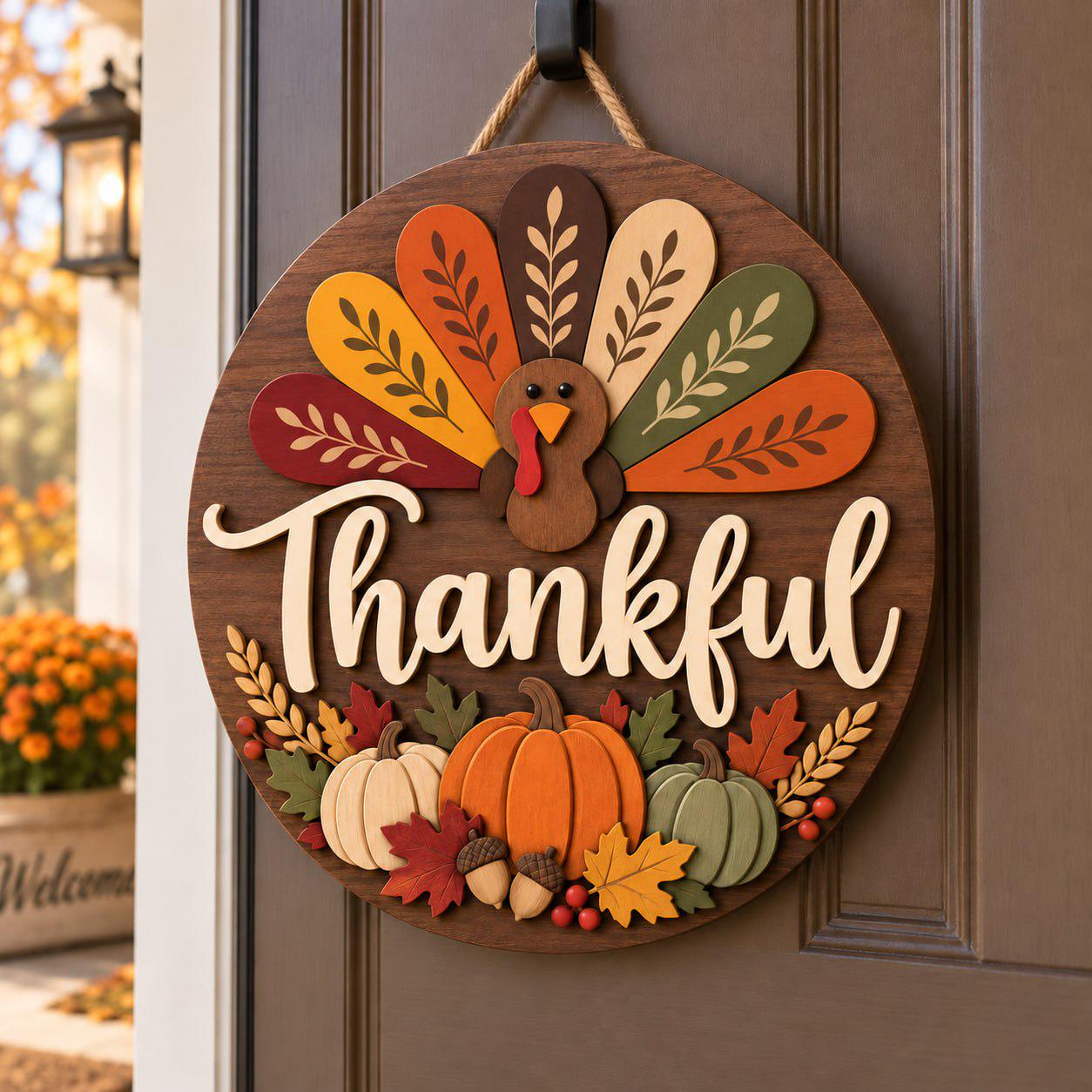 Thanksgiving Turkey Door Sign with Thankful Wooden Hanger for Fall Harvest Front Door Decor and Autumn Porch Hostess Gift