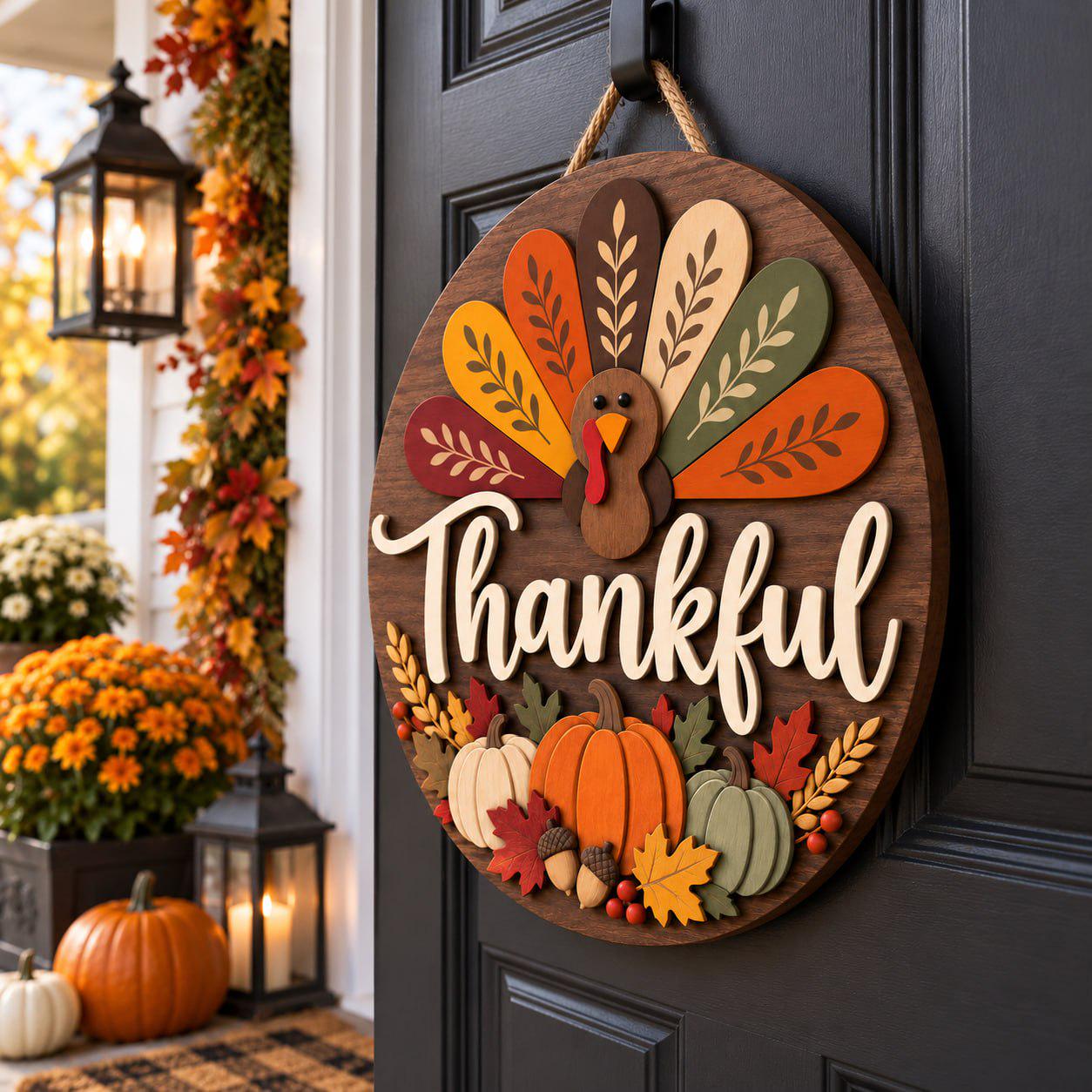 Thanksgiving Turkey Door Sign with Thankful Wooden Hanger for Fall Harvest Front Door Decor and Autumn Porch Hostess Gift - photo 2
