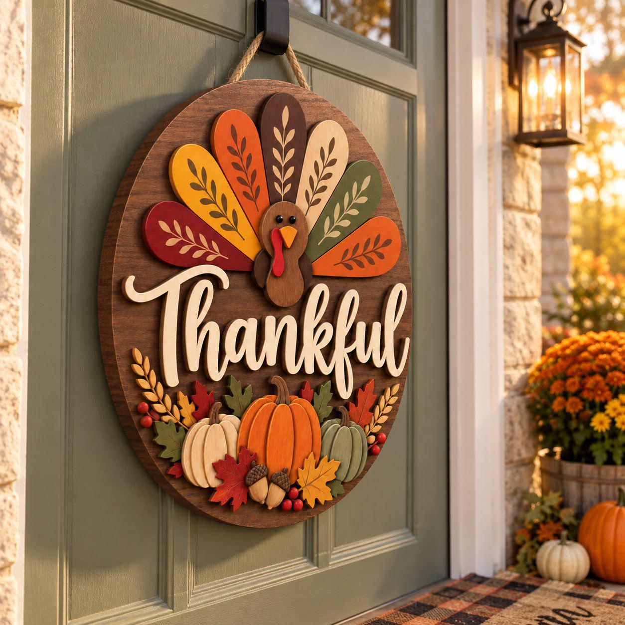 Thanksgiving Turkey Door Sign with Thankful Wooden Hanger for Fall Harvest Front Door Decor and Autumn Porch Hostess Gift - photo 3