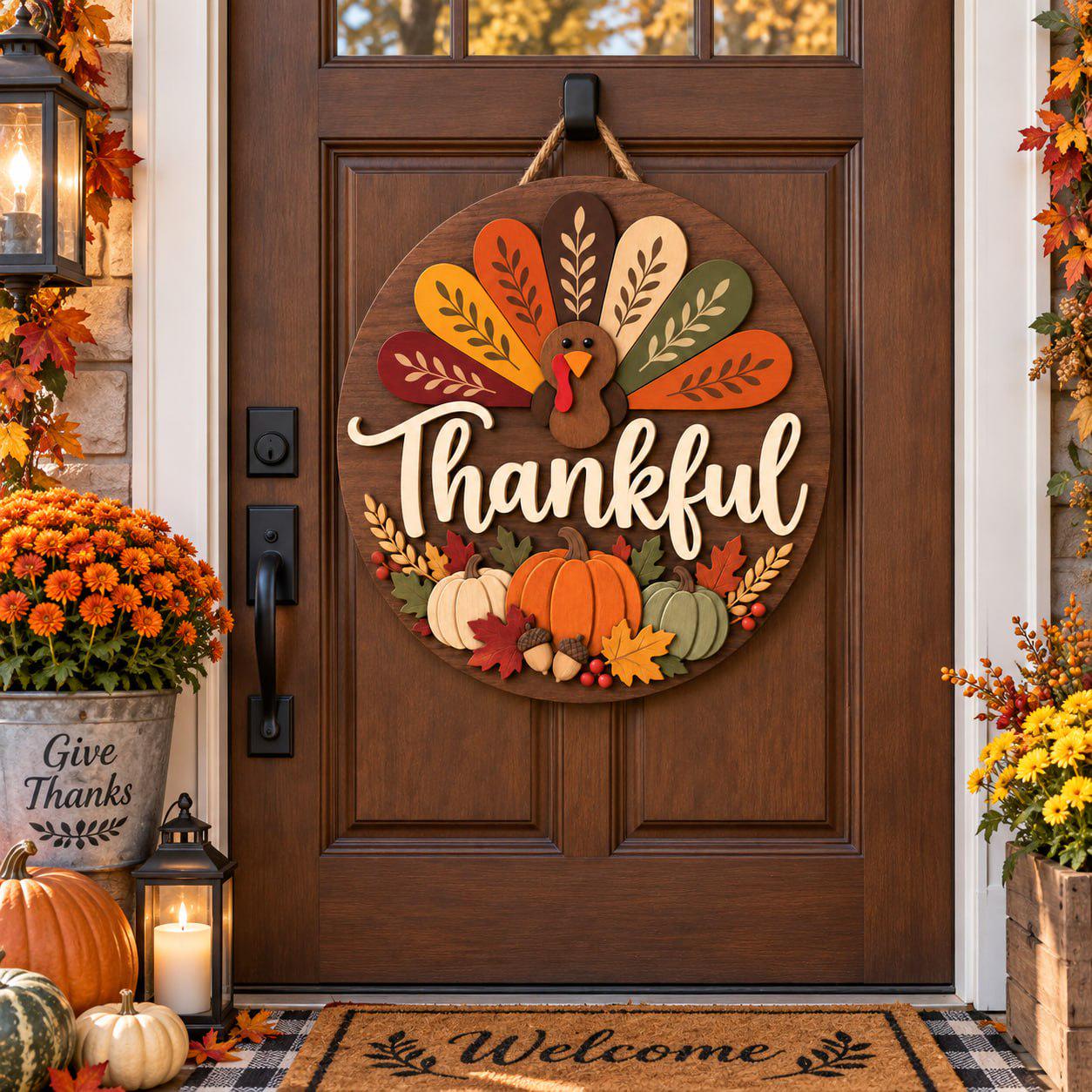Thanksgiving Turkey Door Sign with Thankful Wooden Hanger for Fall Harvest Front Door Decor and Autumn Porch Hostess Gift - photo 4