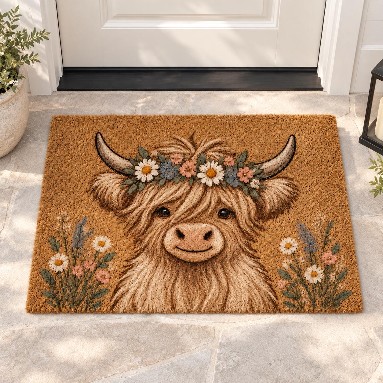 Highland Cow Doormat with Floral Cattle Door Mat for Cute Farmhouse Porch Decor and Rustic Lover Housewarming Gift