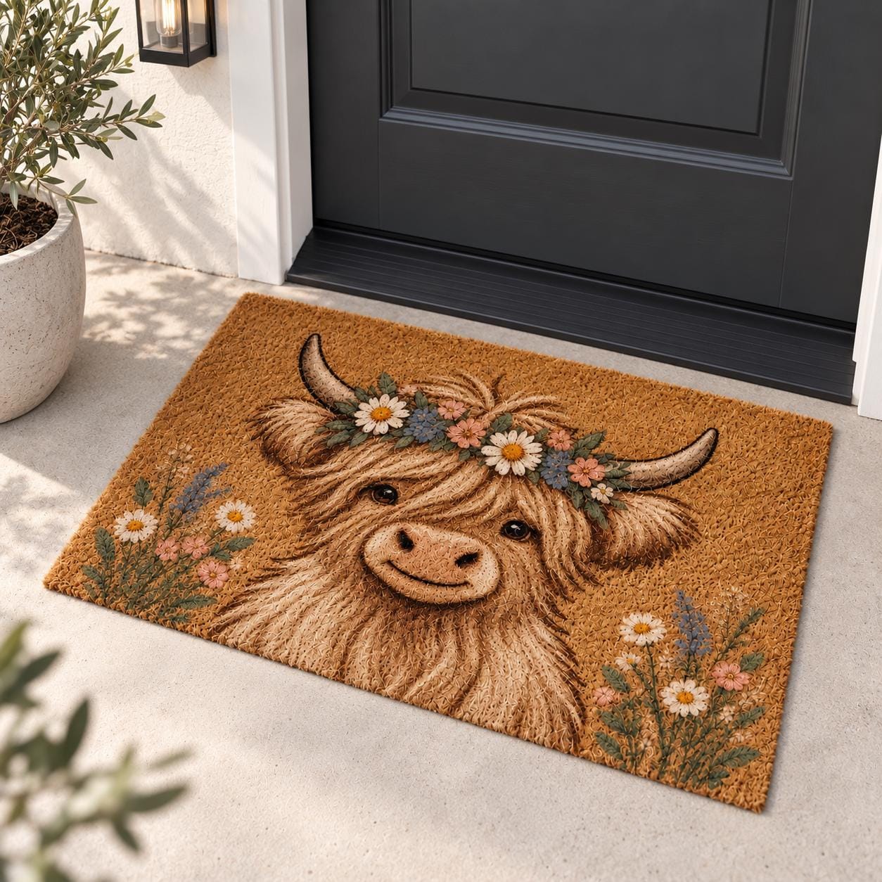 Highland Cow Doormat with Floral Cattle Door Mat for Cute Farmhouse Porch Decor and Rustic Lover Housewarming Gift - photo 2