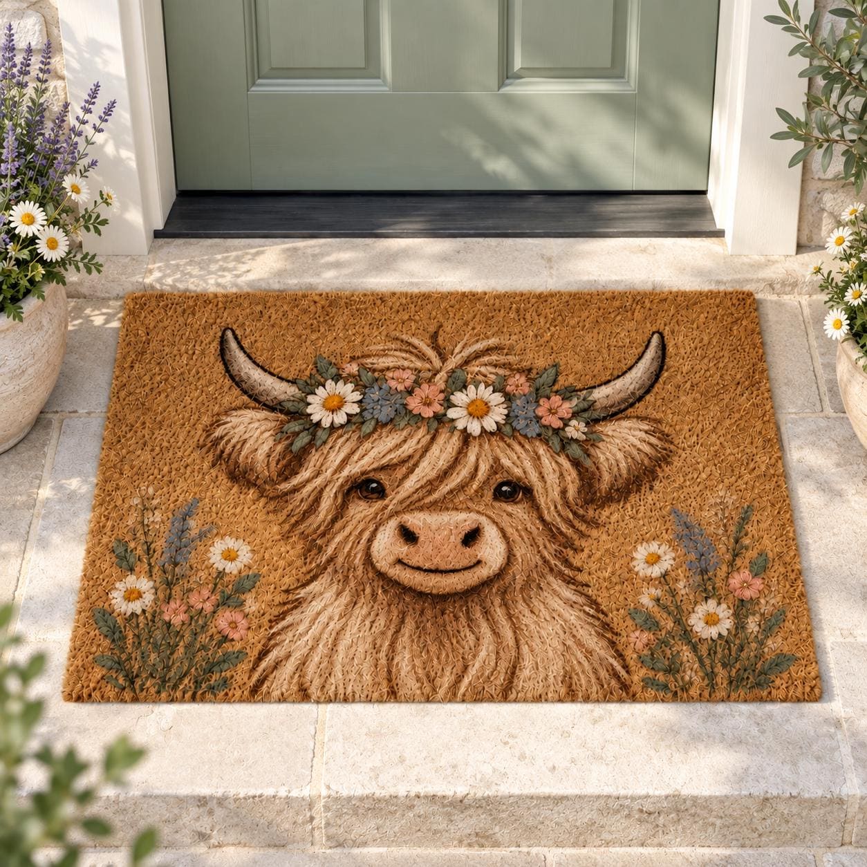 Highland Cow Doormat with Floral Cattle Door Mat for Cute Farmhouse Porch Decor and Rustic Lover Housewarming Gift - photo 3