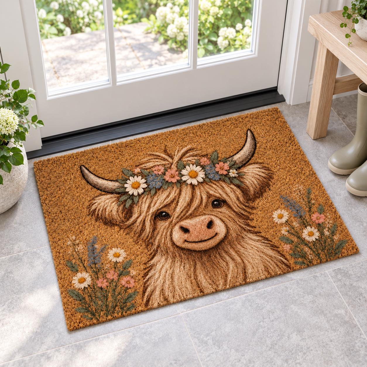 Highland Cow Doormat with Floral Cattle Door Mat for Cute Farmhouse Porch Decor and Rustic Lover Housewarming Gift - photo 4