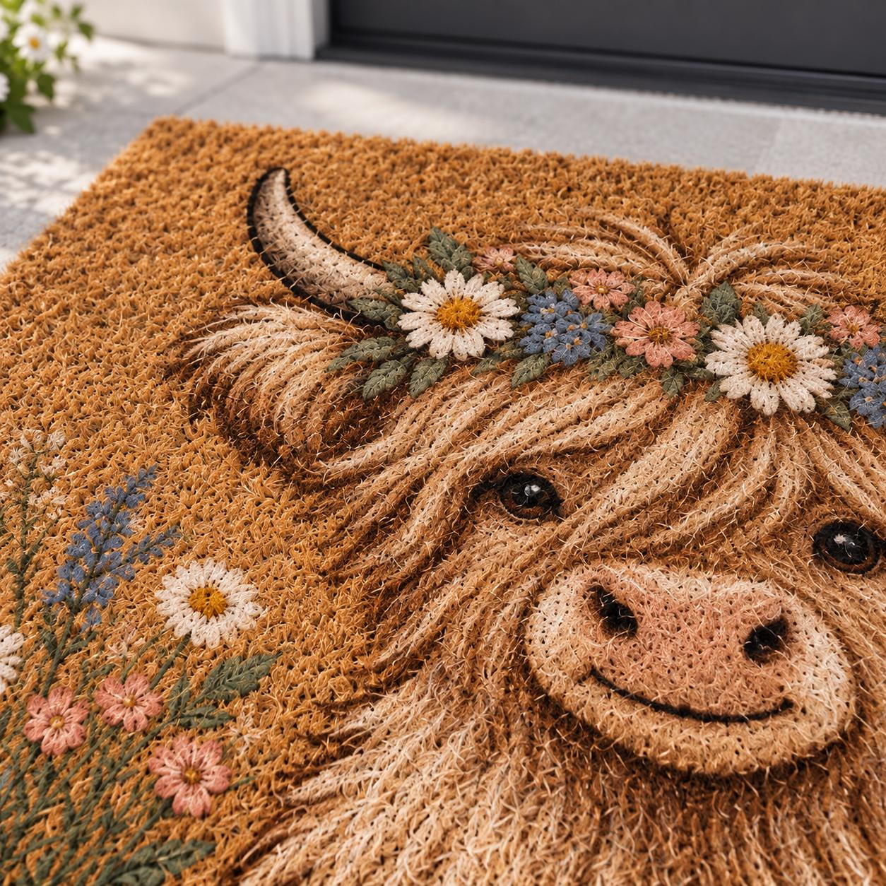 Highland Cow Doormat with Floral Cattle Door Mat for Cute Farmhouse Porch Decor and Rustic Lover Housewarming Gift - photo 5