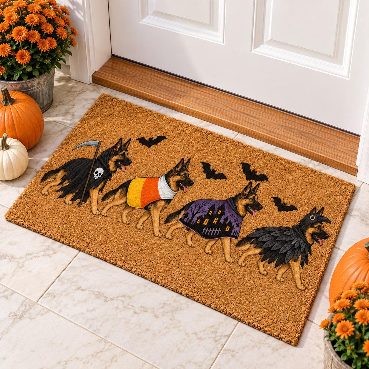 Doormat – German Shepherd Coir Mat for Halloween Porch Decor with Funny Costume Dog Welcome and Grim Reaper Candy Corn Raven Lover Gift