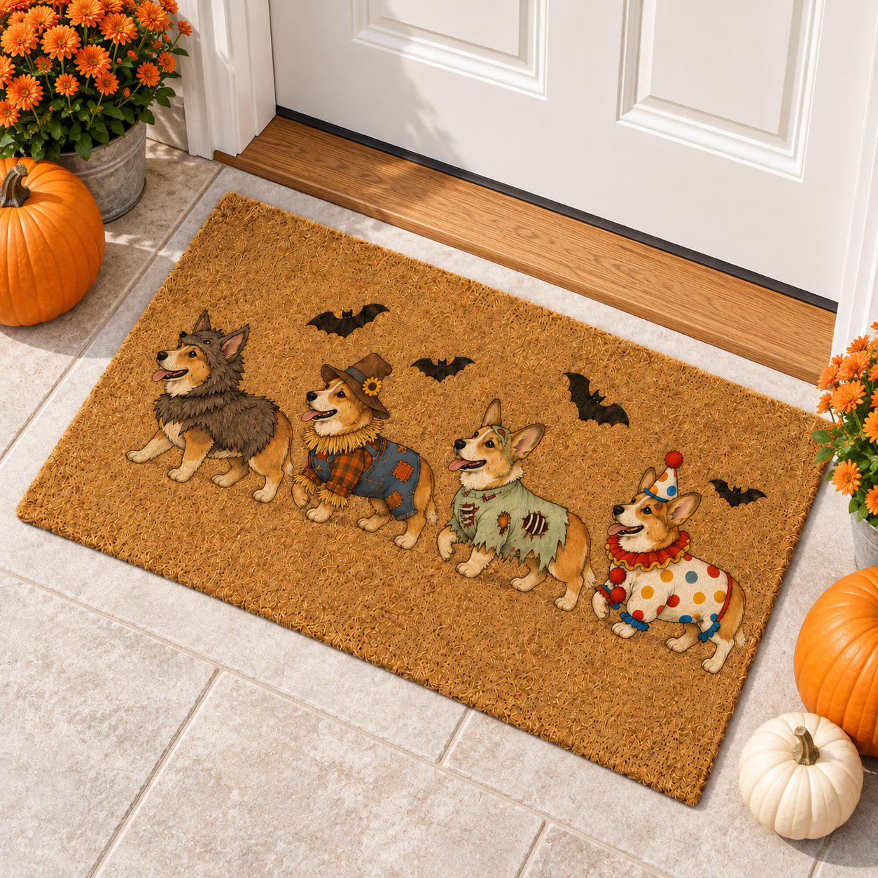 Doormat – Corgi Coir Mat for Halloween Porch Decor with Funny Costume Dog Welcome and Wolf Scarecrow Zombie Clown Lover Gift