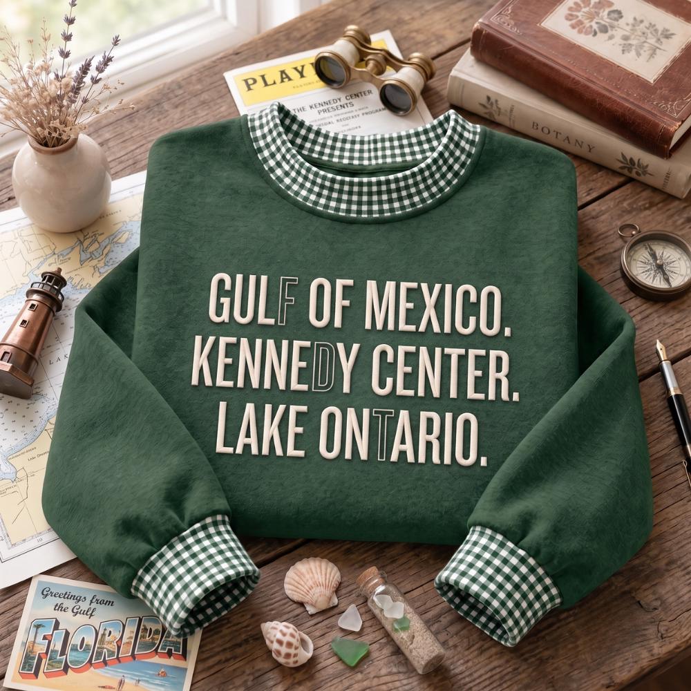 Embroidered Sweatshirt with Gulf of Mexico Kennedy Center Lake Ontario and Funny Travel Quote Crewneck for Coastal Lake Lover Gift - photo 2
