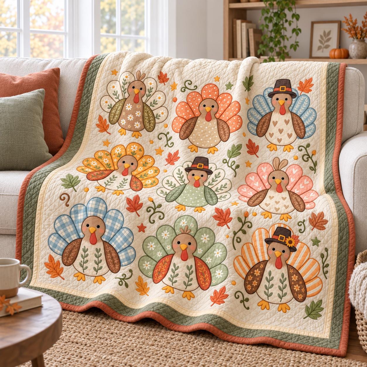 Throw Blanket with Turkey and Cute Fall Thanksgiving Bedding in Farmhouse Autumn Quilt Style for Harvest Home Decor