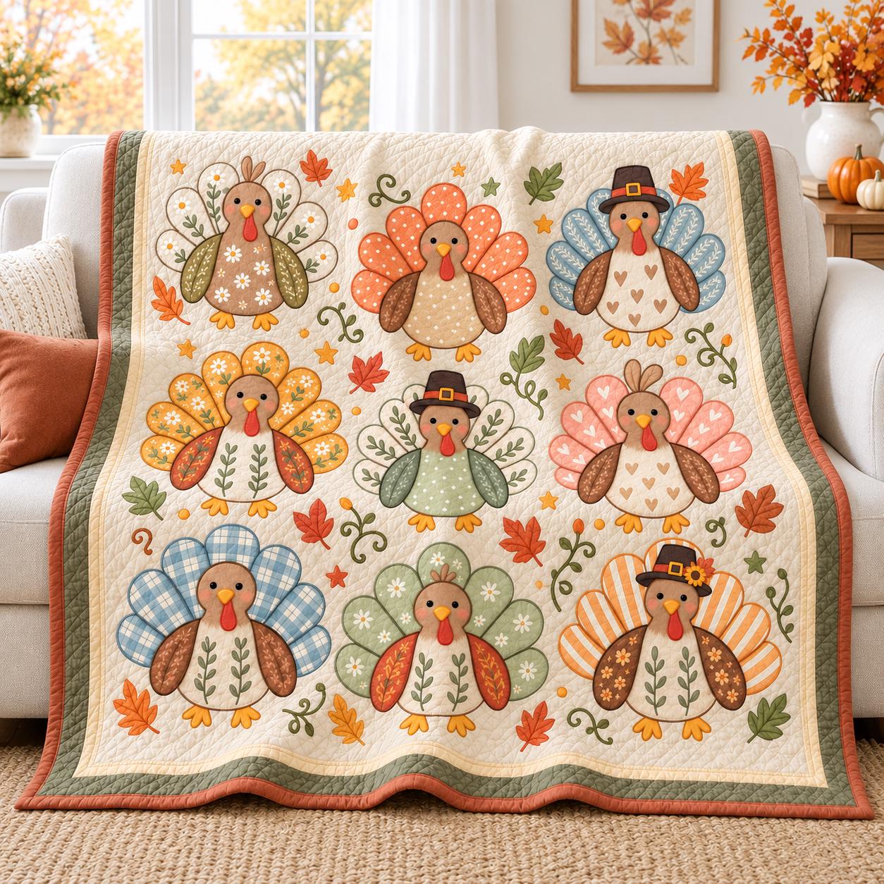 Throw Blanket with Turkey and Cute Fall Thanksgiving Bedding in Farmhouse Autumn Quilt Style for Harvest Home Decor - photo 2