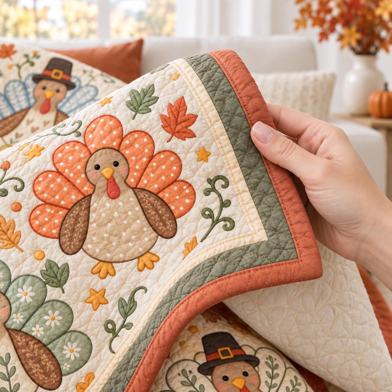 Throw Blanket with Turkey and Cute Fall Thanksgiving Bedding in Farmhouse Autumn Quilt Style for Harvest Home Decor - photo 3