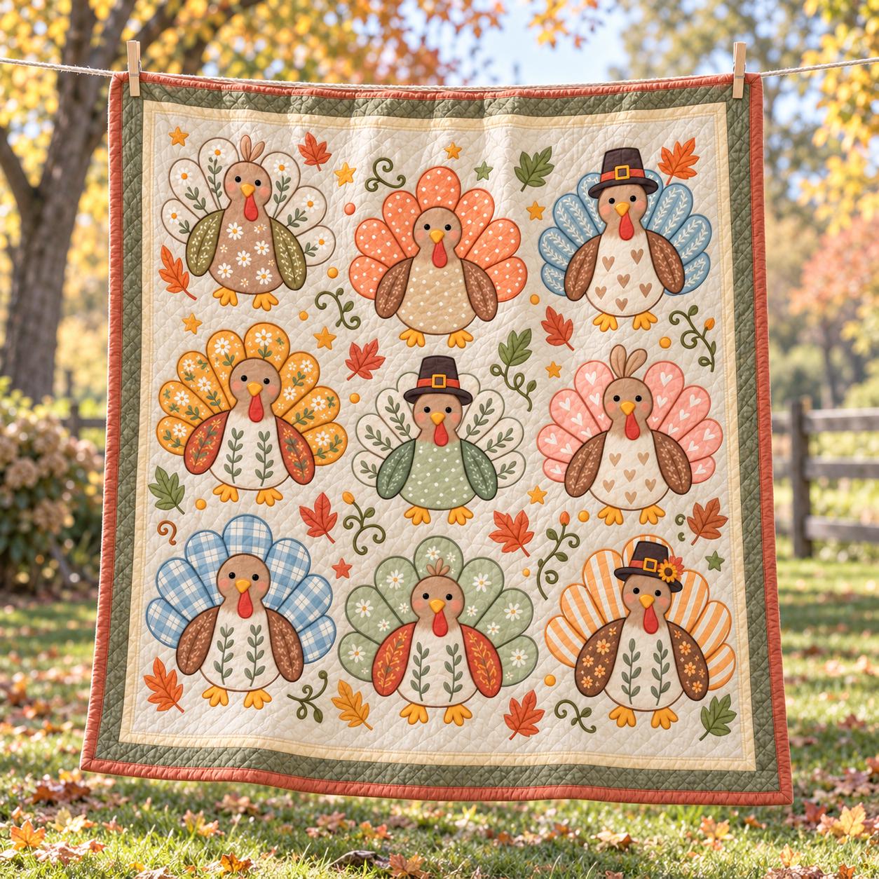 Throw Blanket with Turkey and Cute Fall Thanksgiving Bedding in Farmhouse Autumn Quilt Style for Harvest Home Decor - photo 4