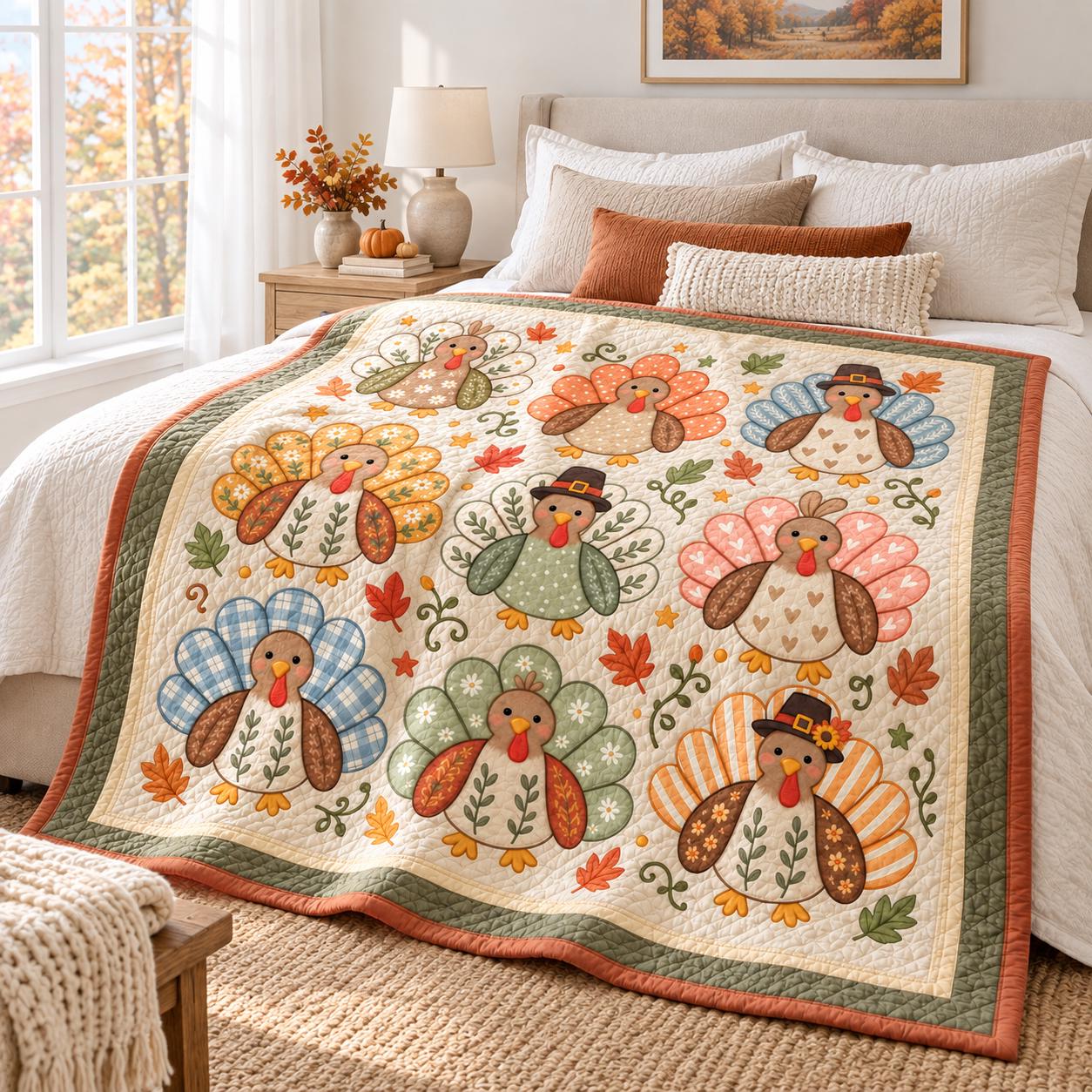 Throw Blanket with Turkey and Cute Fall Thanksgiving Bedding in Farmhouse Autumn Quilt Style for Harvest Home Decor - photo 5