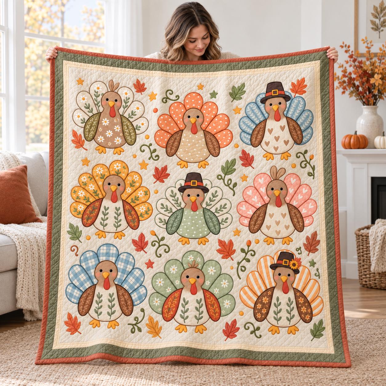 Throw Blanket with Turkey and Cute Fall Thanksgiving Bedding in Farmhouse Autumn Quilt Style for Harvest Home Decor - photo 6