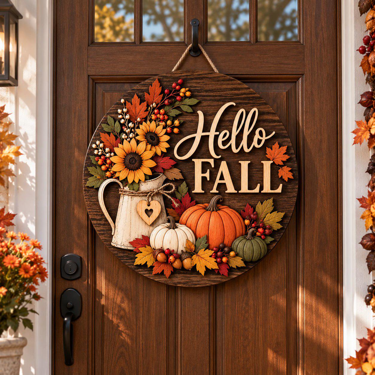 Door Hanger Sign with Hello Fall Sunflower Pumpkin Wooden Design for Autumn Front Door Rustic Porch and Thanksgiving Home Decor