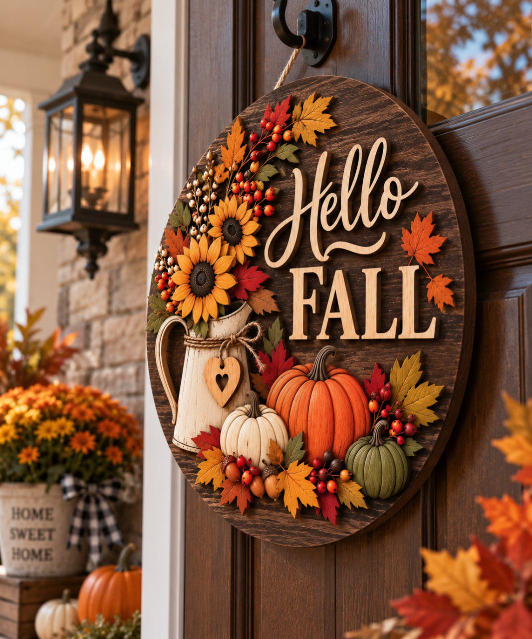 Door Hanger Sign with Hello Fall Sunflower Pumpkin Wooden Design for Autumn Front Door Rustic Porch and Thanksgiving Home Decor - photo 2