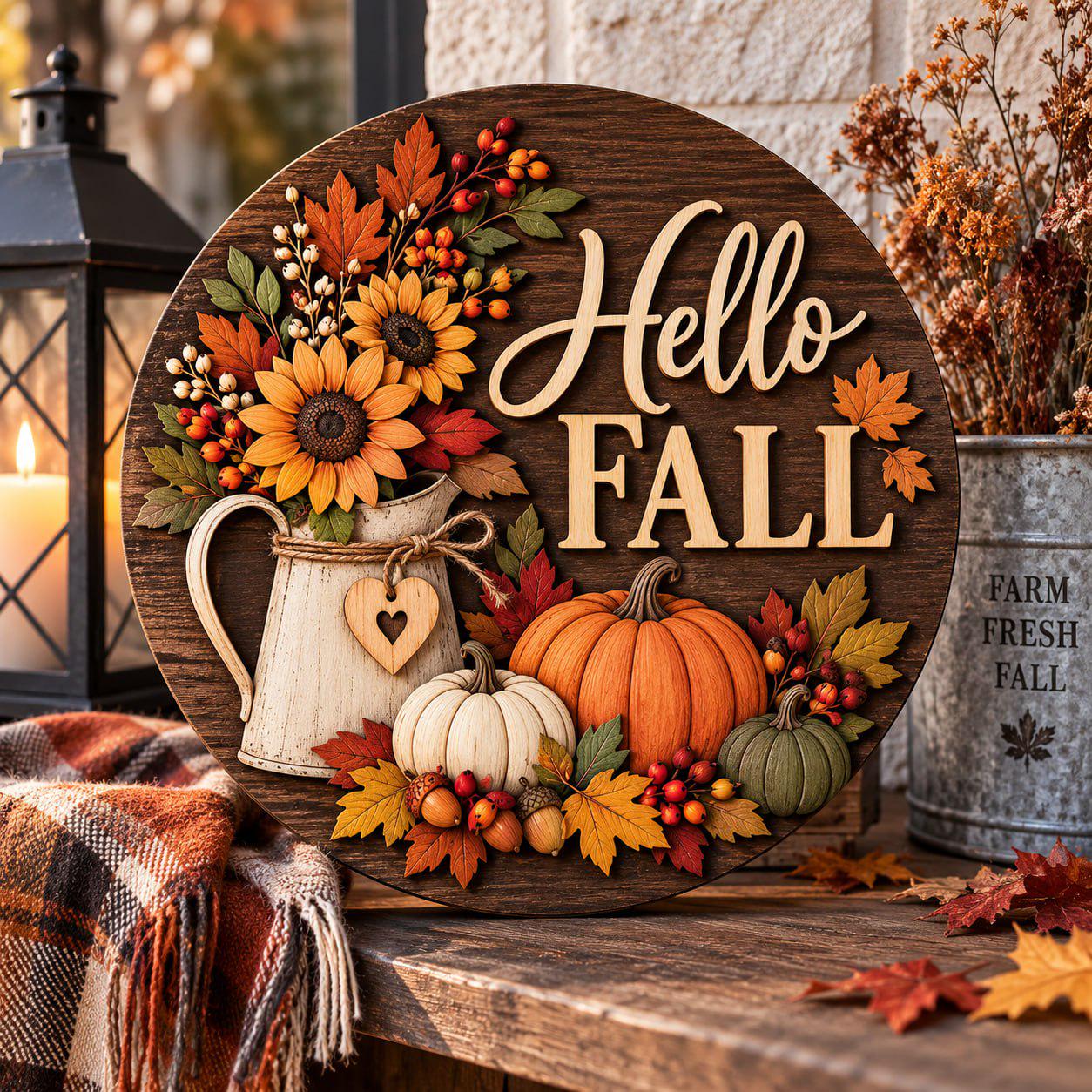 Door Hanger Sign with Hello Fall Sunflower Pumpkin Wooden Design for Autumn Front Door Rustic Porch and Thanksgiving Home Decor - photo 3