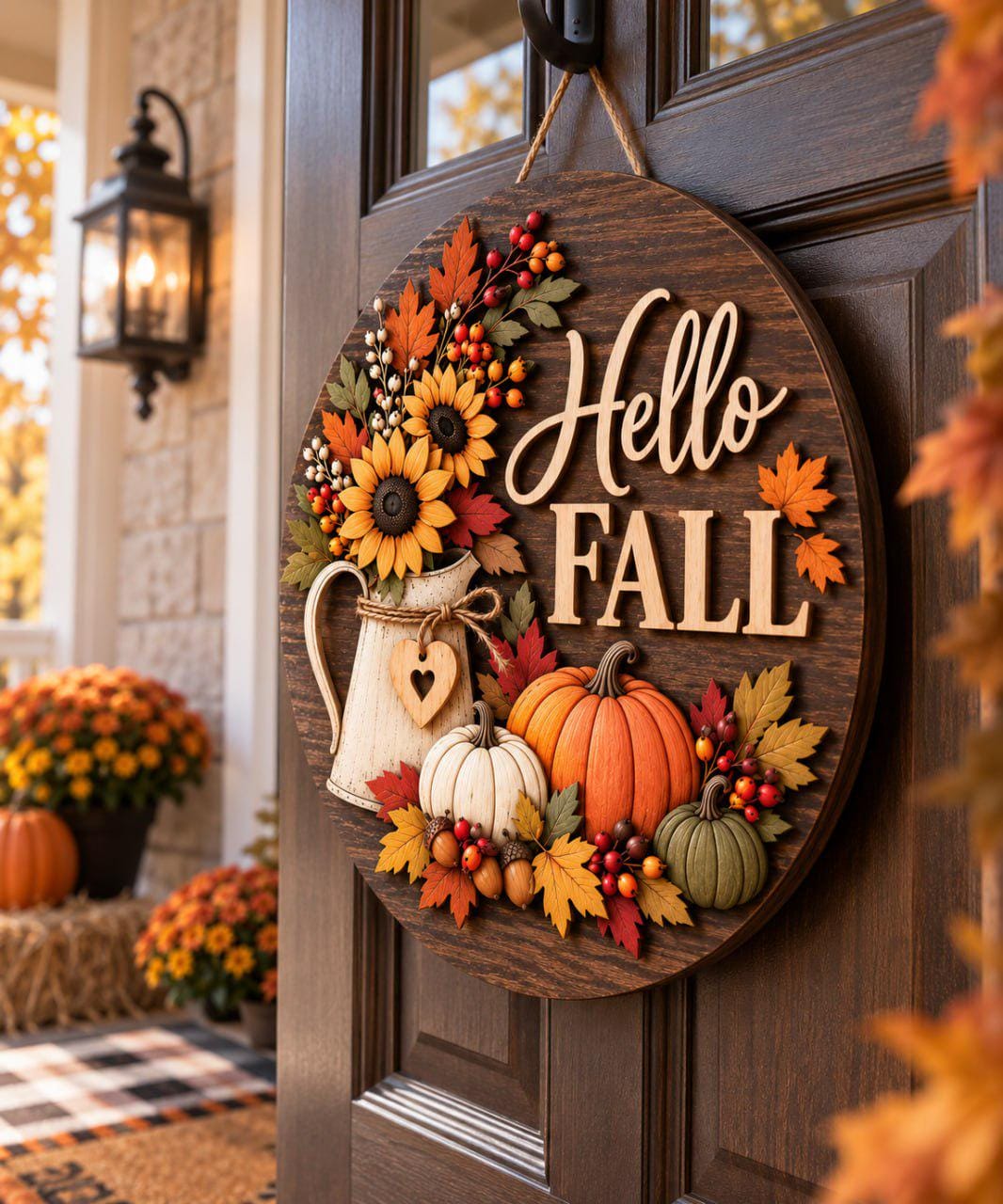 Door Hanger Sign with Hello Fall Sunflower Pumpkin Wooden Design for Autumn Front Door Rustic Porch and Thanksgiving Home Decor - photo 4