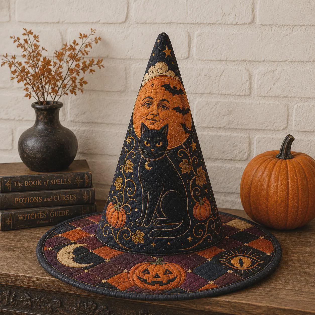 Black Cat Witch Hat with Quilt Style Halloween Decor and Celestial Pumpkin Moon Witchy Tabletop Decoration for Gothic Home