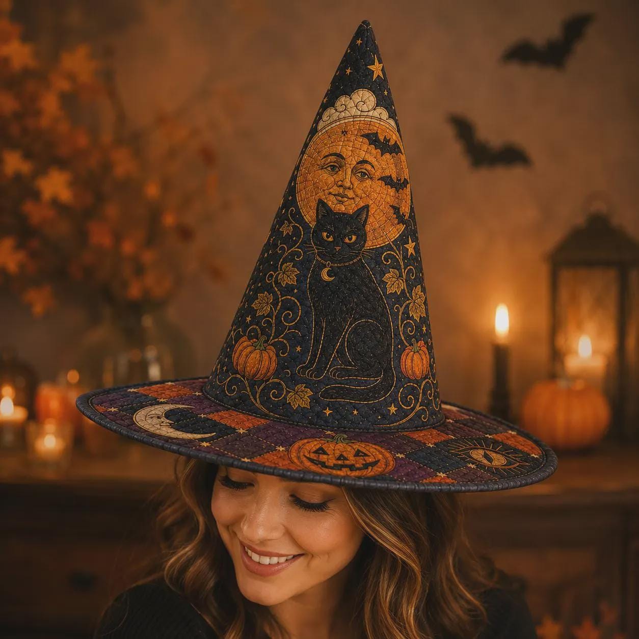 Black Cat Witch Hat with Quilt Style Halloween Decor and Celestial Pumpkin Moon Witchy Tabletop Decoration for Gothic Home - photo 2