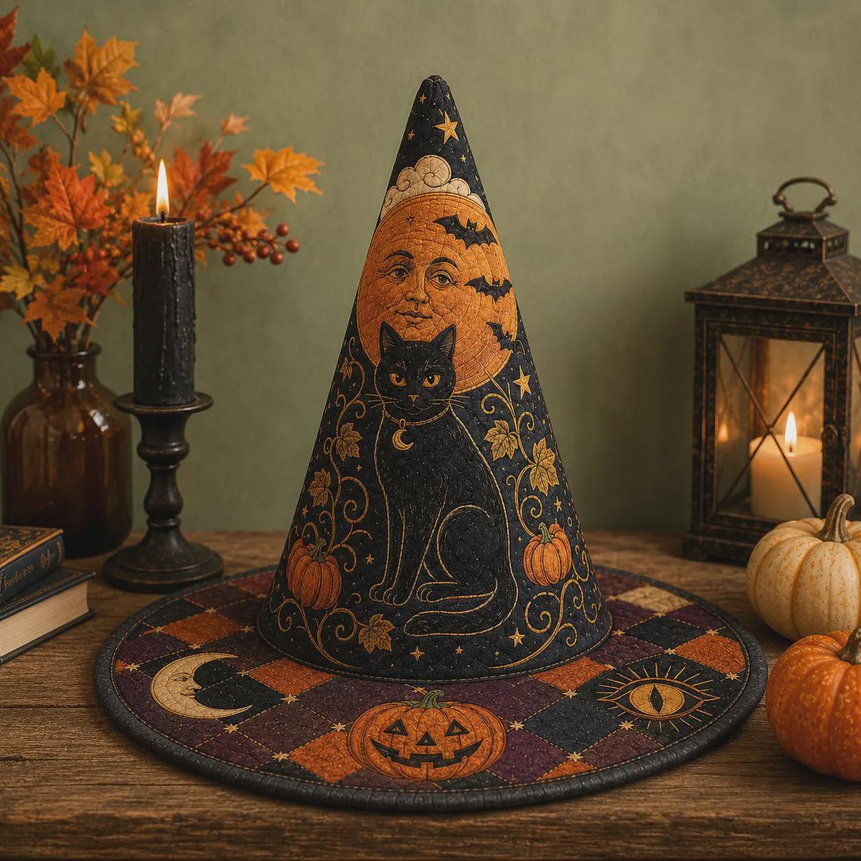 Black Cat Witch Hat with Quilt Style Halloween Decor and Celestial Pumpkin Moon Witchy Tabletop Decoration for Gothic Home - photo 3