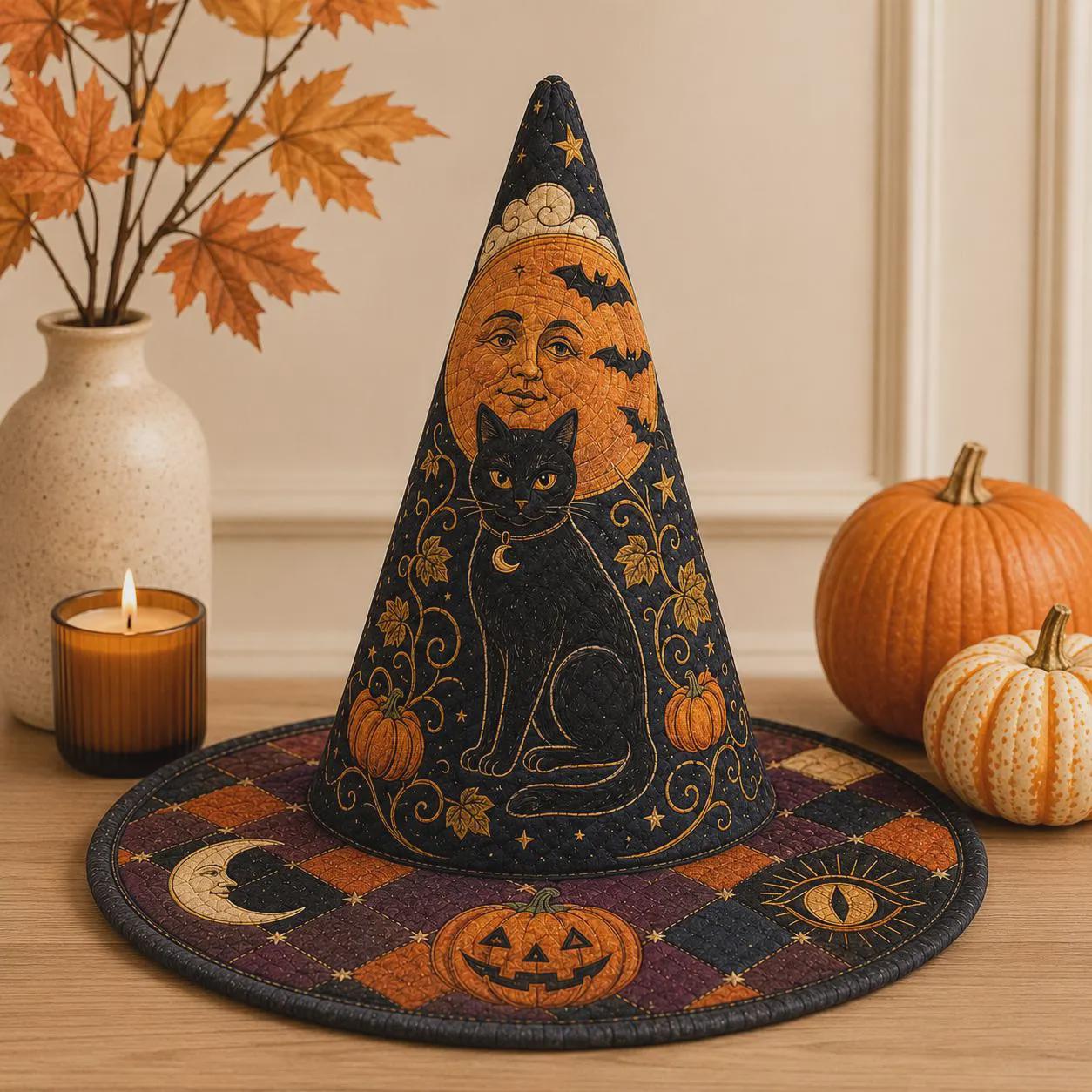 Black Cat Witch Hat with Quilt Style Halloween Decor and Celestial Pumpkin Moon Witchy Tabletop Decoration for Gothic Home - photo 5