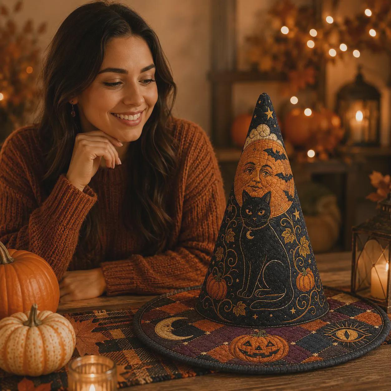 Black Cat Witch Hat with Quilt Style Halloween Decor and Celestial Pumpkin Moon Witchy Tabletop Decoration for Gothic Home - photo 6